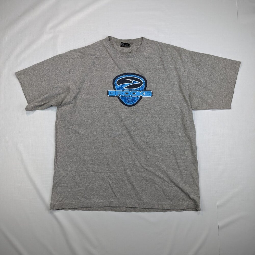 VTG Y2K Single Stitch Brooks Running Logo Spellout Gray Graphic T-Shirt Large